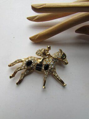 Racing Jockey on Gold Horse Brooch Rhinestone Studded